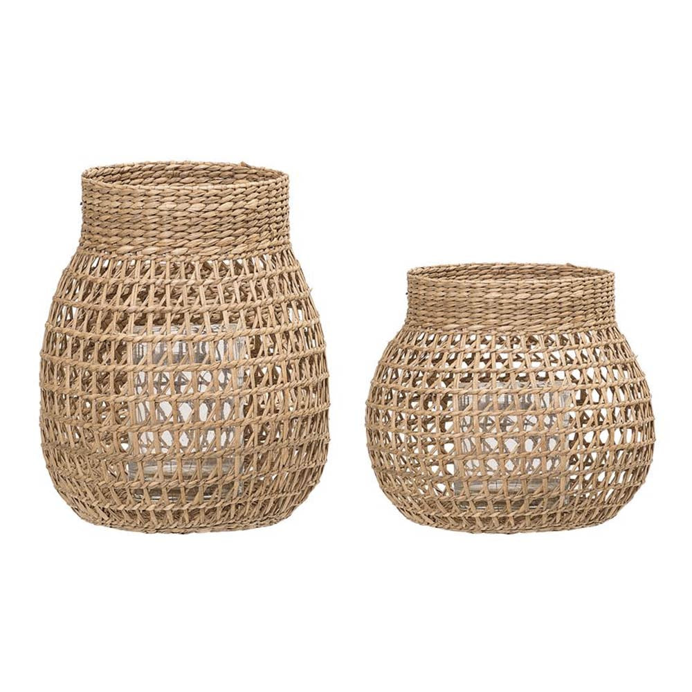 Natural Seagrass Lanterns w/ Glass Insert on a white background