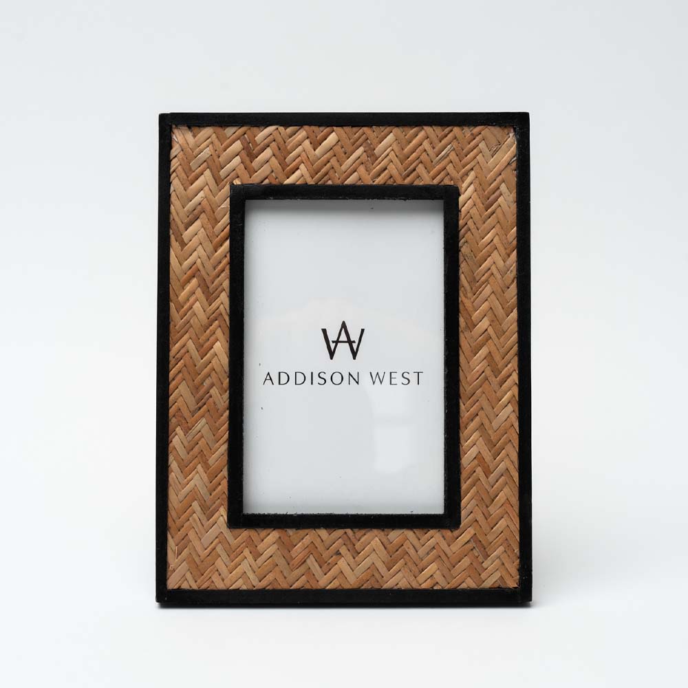 Natural and black Bamboo Photo Frame w/ Herringbone Pattern on a white background