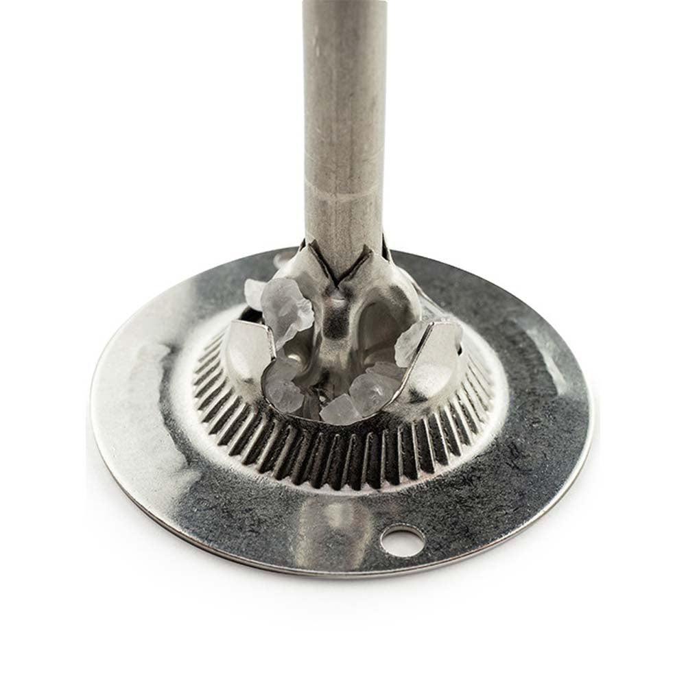 Close up of grinding mechanism for Peugeot Paris brand Stainless Steel Bistro Salt Mill on a white background 