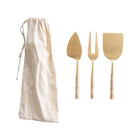 Gold finish set of 3 Stainless Steel Cheese Servers with Woven Rattan Handles on a white background