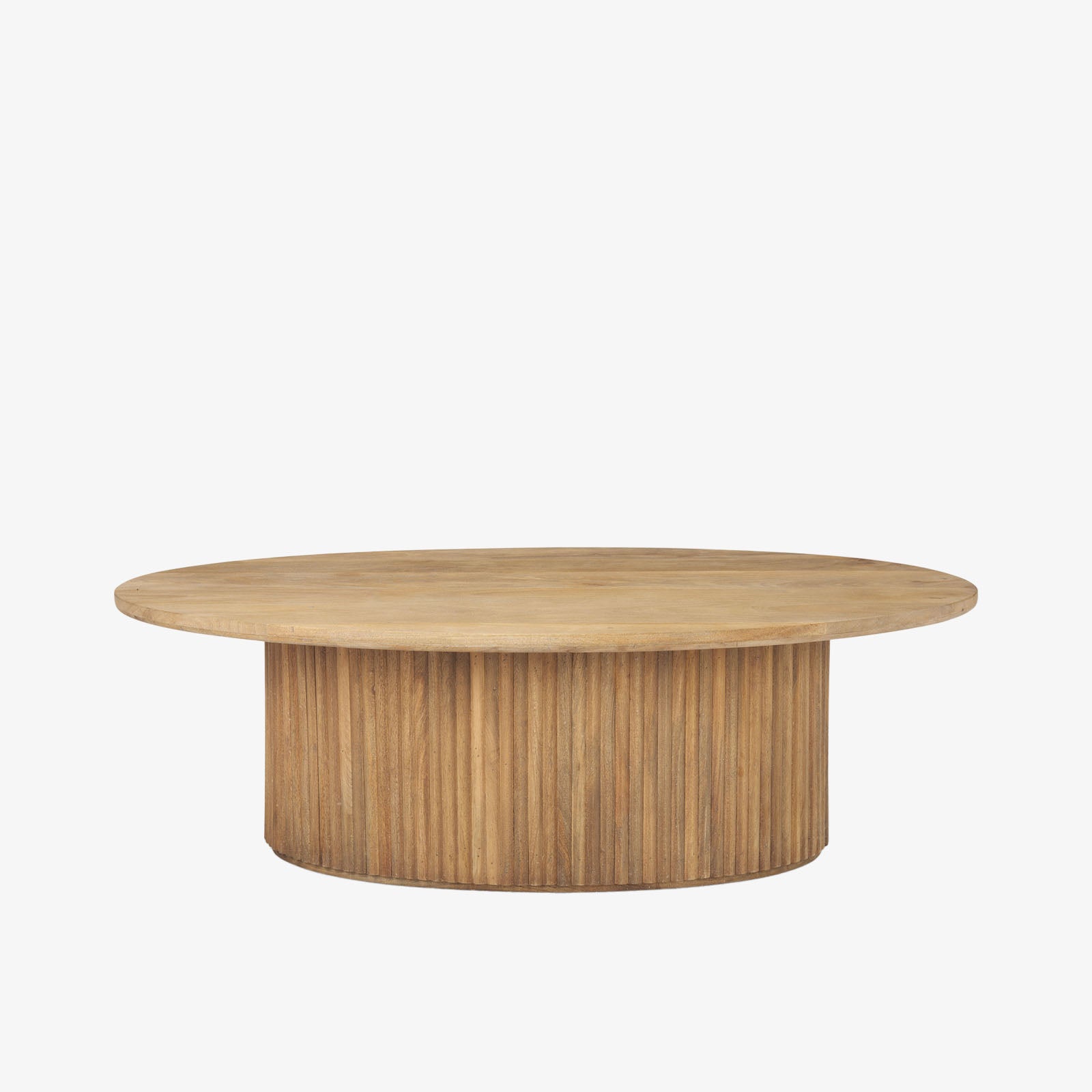 Light wood oval coffee table with reeded wood base on a white background