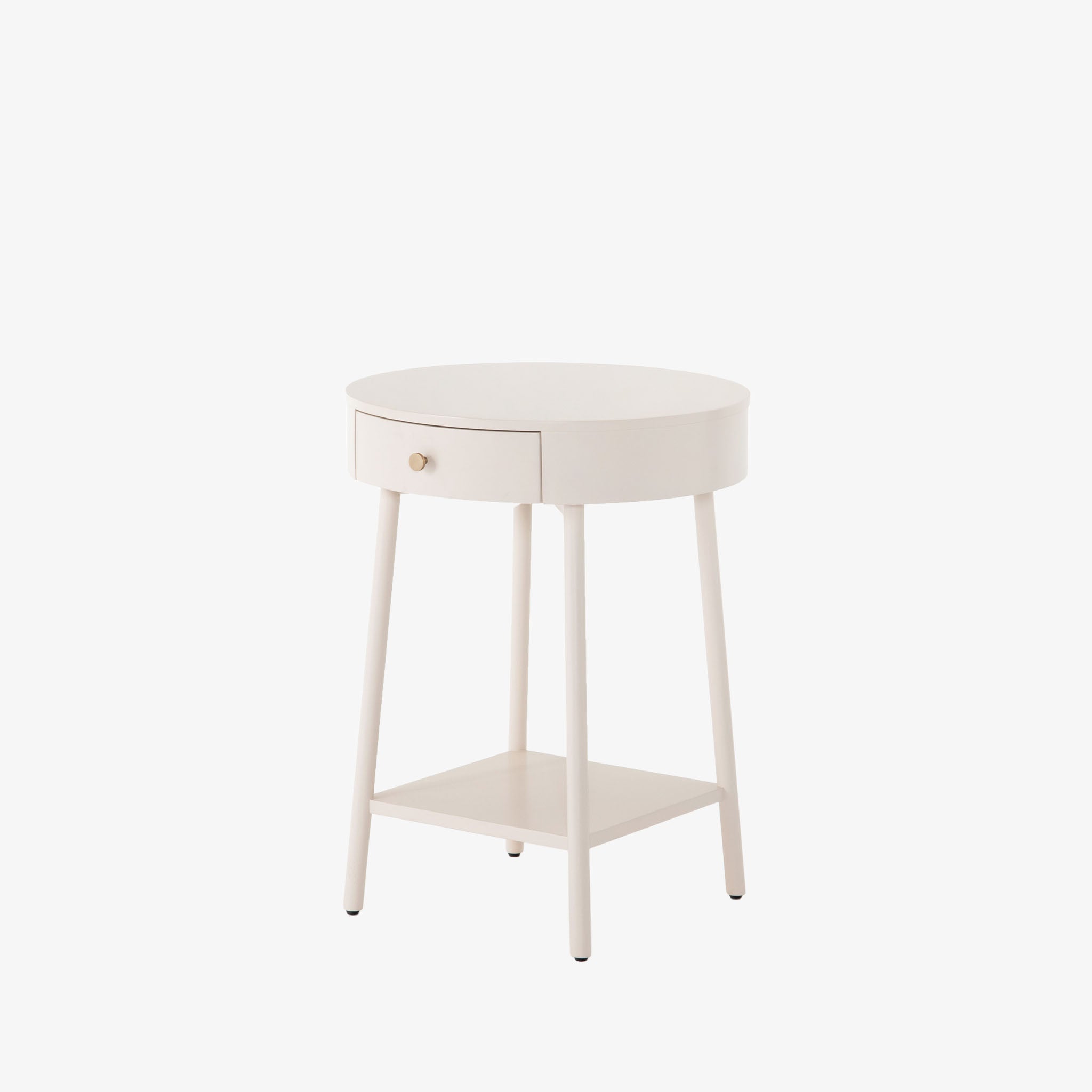 White round 'van' side table with shelf and drawer  by four hands furniture on a white background