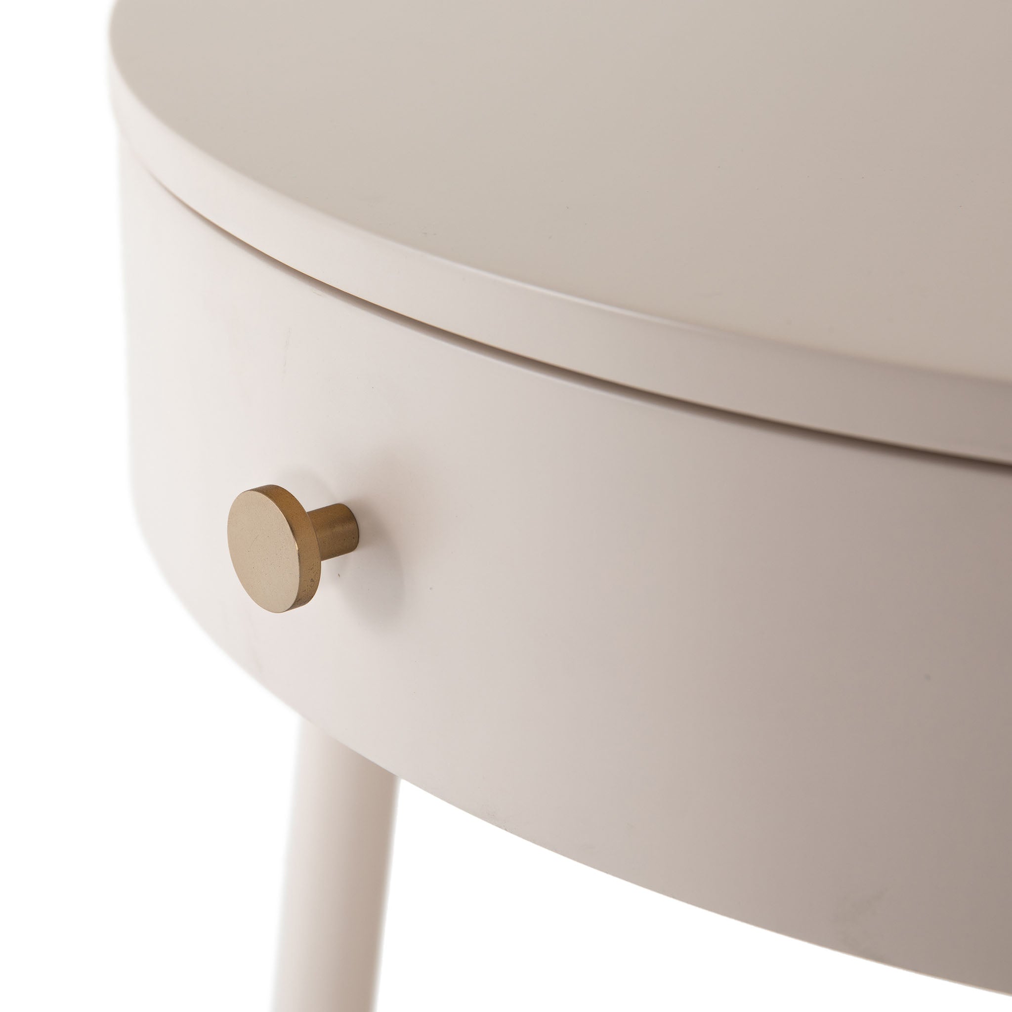 White round 'van' side table with shelf and drawer  by four hands furniture on a white background