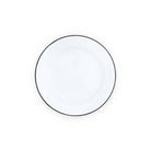 White enamel dinner plate with black rim on white background.